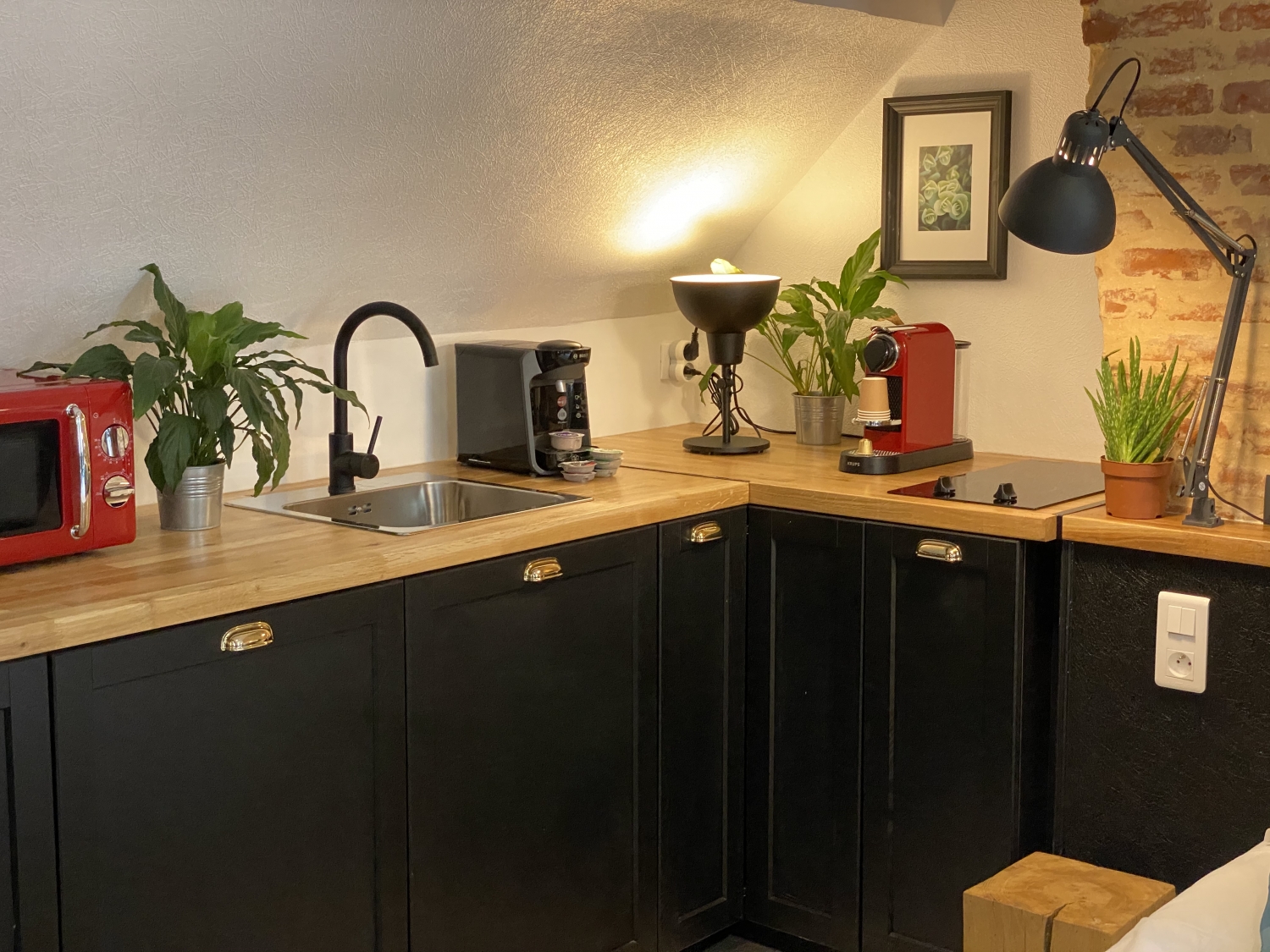 Kitchenette du studio de l’Hôtel de la Cathédrale à Rouen, avec plan de travail en bois, machine à café, micro-ondes rétro et plantes décoratives.